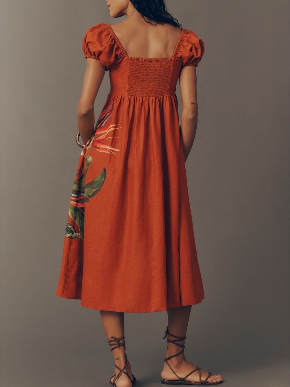 FARM Rio Rust Floral Puff-Sleeve Midi Dress - Picture 3 of 4